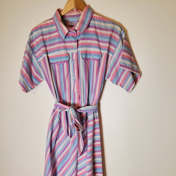 Pink Bubblegum White, Blue and Purple Striped 80s Short Sleeve Shirt Dress - Picture 13 of 15
